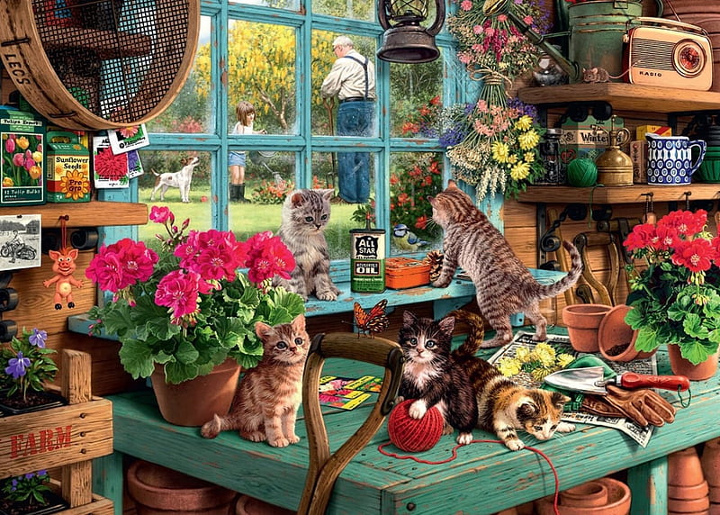 Is He Watching ?, girl, painting, flowers, garden, shed, kitten, artwork, grandpa, HD wallpaper