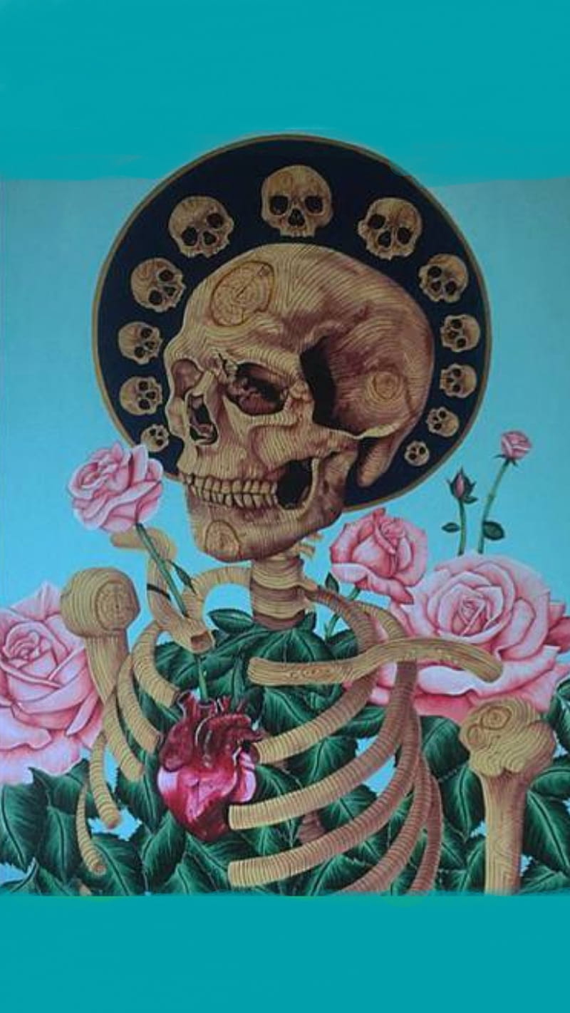 Garden Guardian, blue, flowers, nature, retro, roses, skeleton, skull, sky, vintage, HD phone wallpaper