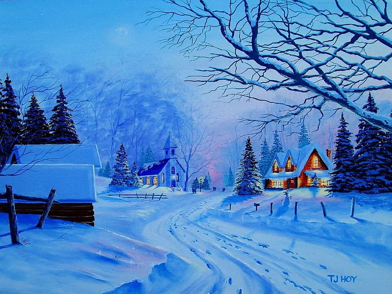 Winter village, house, cottage, dusk, cabin, bonito, lights, cold, countryside, painting, path, village, frost, art, forest, lovely, trees, winter, snow, HD wallpaper