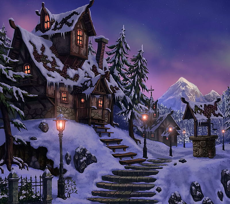 Magic Night, fairy-tale, house, snow, winter, HD wallpaper