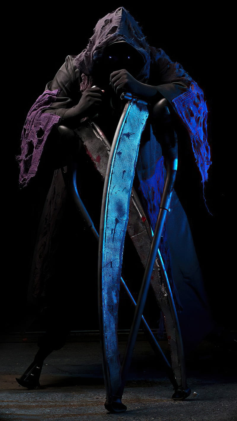 Grim reaper, black, blue eyes, dark, horror, scarry, sword, HD phone wallpaper