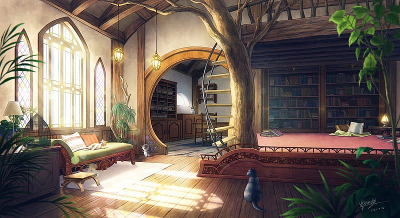 Tree House, fantasy, tree, original, house, library, indoor, anime, room, HD wallpaper