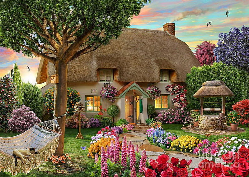 Thatched Cottage, tree, house, well, painting, flowers, garden, artwork, HD wallpaper