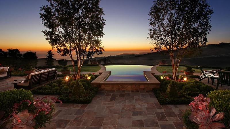 wonderful backyard at dusk, dusk, garden, pool, backyard, sea, HD wallpaper