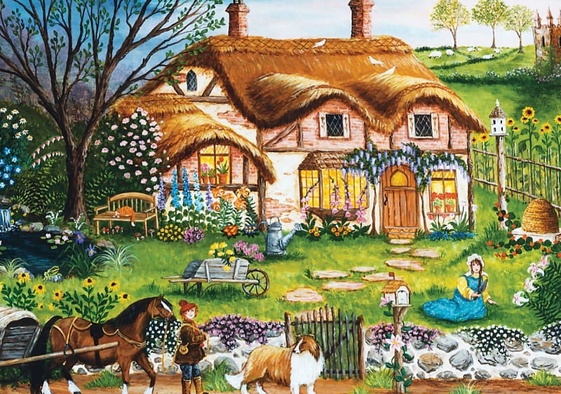 Country Living, cottage, painting, garden, trees, horse, artwork, dog ...