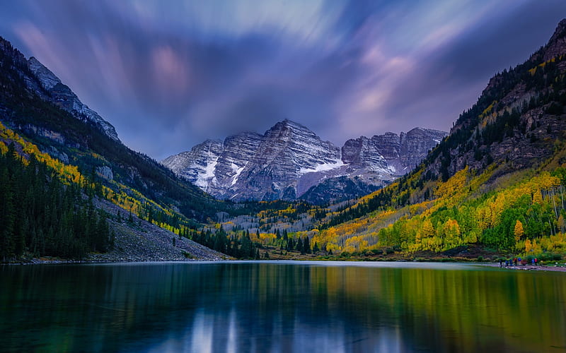 Maroon Lake, mountain lake, autumn, mountain landscape, USA, Elk Mountains, Maroon Bells, Rocky Mountains, Colorado, HD wallpaper