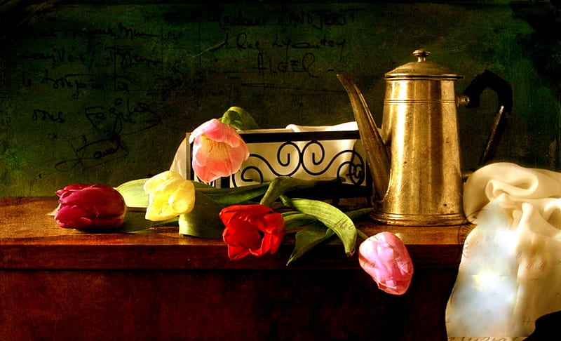 The Teapot, table, napkin holder, napkins, silver teapot, stil life, flowers, tulips, HD wallpaper