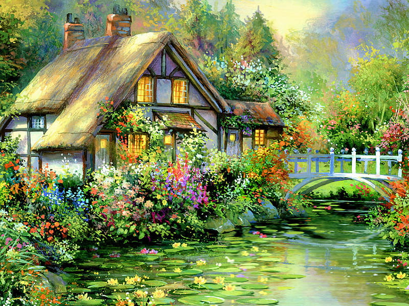 House on Waterlily Lane F5, art, cottage, lilies, artwork, floral, water, bridge, thatch, painting, flowers, garden, scenery, landscape, HD wallpaper