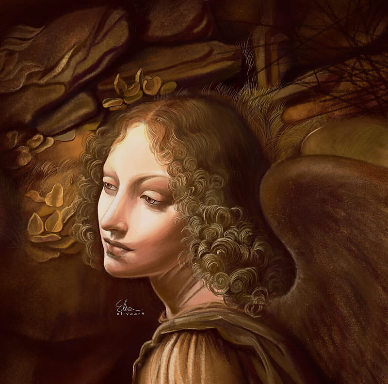 Angel, brown, elahe vahedi, art, fantasy, davinci, HD wallpaper