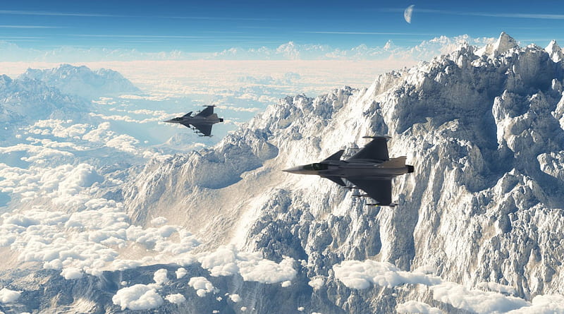 typhoon fighter jets over a majestic mountain range, range, snow, mountains, fighters, clouds, planes, HD wallpaper