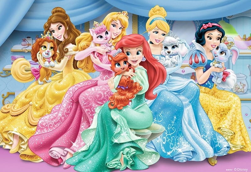 Disney princesses, red, aurora, snow white, belle, yellow, cinderella, fantasy, palace pets, girl, green, princess, pink, disney, blue, HD wallpaper