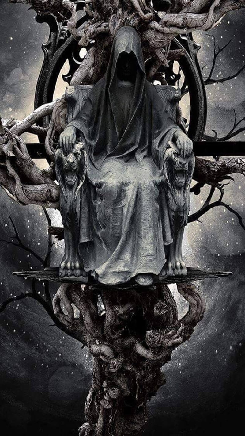 Reapers Dark Throne, black, darkness, gothic, grim, night, reaper, vine, wood, HD phone wallpaper