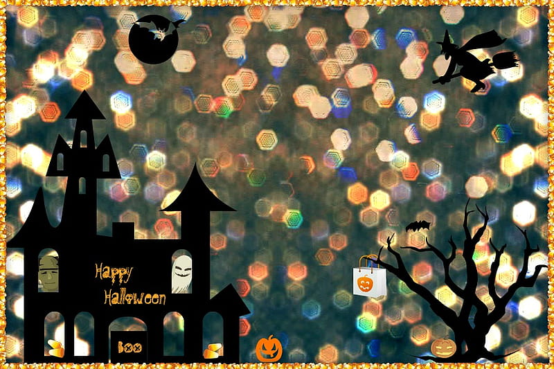Sparkling Halloween, witch, orange, halloween, halloween bag, candy corn, moon, bat, glitter, haunted house, frankenstein, black, sparkles, tree, jack-o-lantern, boo, ghost, pumpkins, HD wallpaper