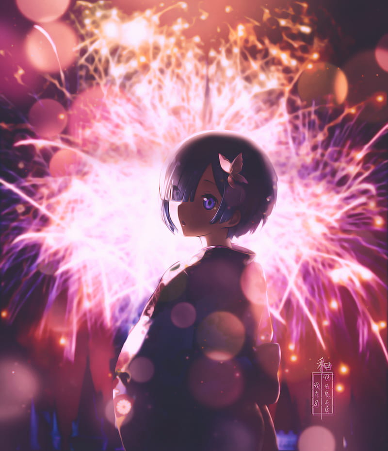 Rem, anime, anime girl, bokeh, fireworks, lights, love, night, rezero, subaru, HD phone wallpaper