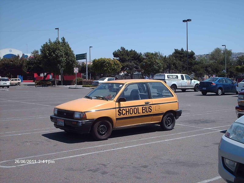 school bus, ridiculous, joke, humor, irony, small car, funny, yellow car, HD wallpaper