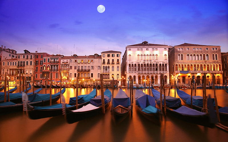 Gondola boats river canal light lighting-Venice Italy Travel, HD wallpaper