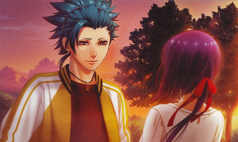 Kamigami No Asobi Totsuka Takeru Purple Hair Kusanagi Yui Sunset Trees Hd Wallpaper Peakpx