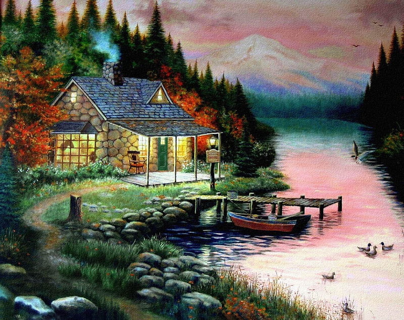 By John Zaccheo, art, cottage, painting, john zaccheo, river, HD wallpaper