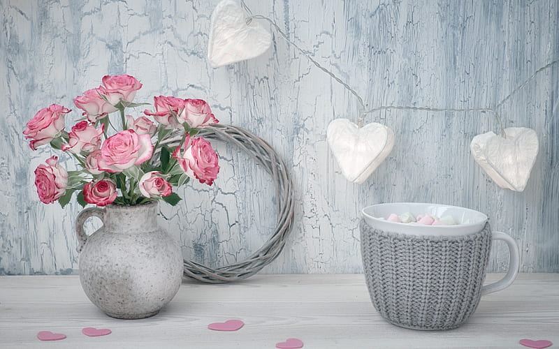 ❤All hearts ❤, vase, roses, heart, wood, HD wallpaper