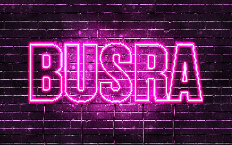 Busra with names, female names, Busra name, purple neon lights, Happy Birtay Busra, popular turkish female names, with Busra name, HD wallpaper