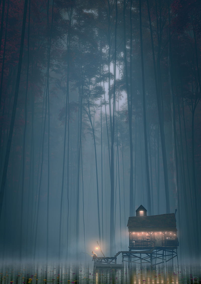 Fishing Home, fishing, fog, forest, home, house, light, night, peaceful, river, water, HD phone wallpaper