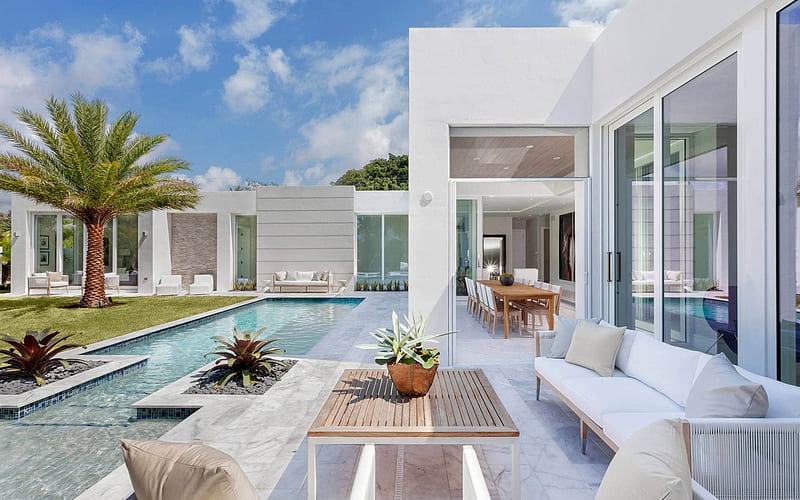 Beautiful backyard design, white exterior, swimming pool, modern design, HD wallpaper