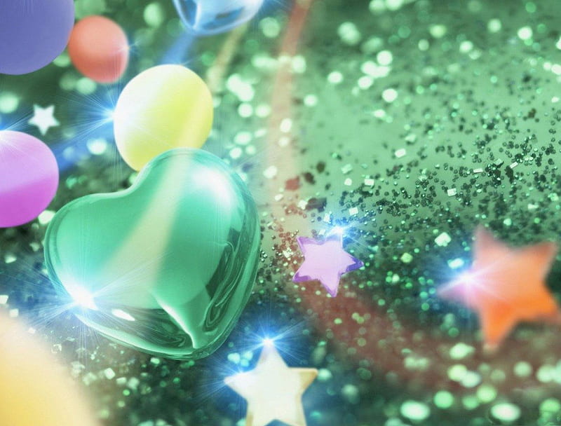 SHADES OF GREEN, stars, green, glitter, celebration, balloons, corazones, sparkles, HD wallpaper