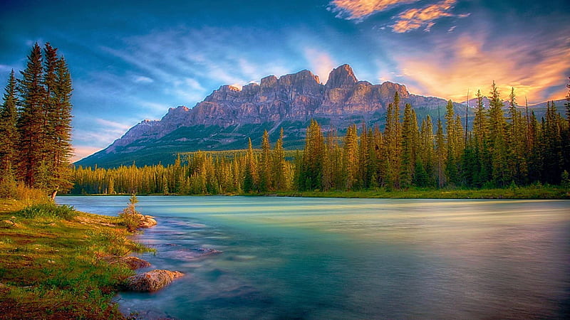 Banff National Park, Castle Mountain, trees, bow river, autumn, sunrise, clouds, sky, HD wallpaper