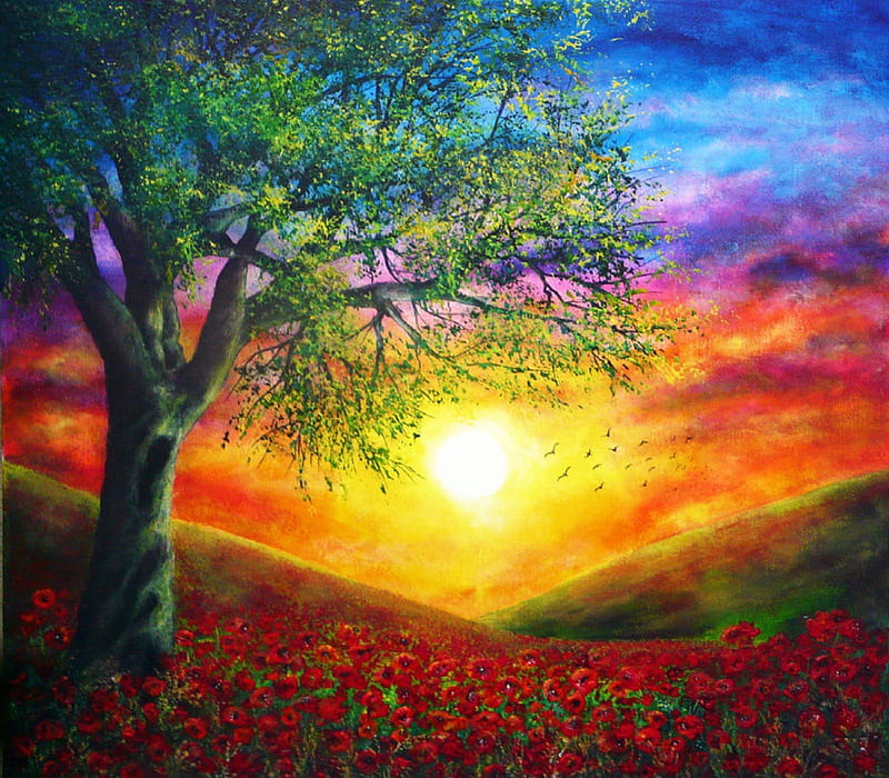 Sunshine in Memories, panoramic view, attractions in dreams, most ed, paintings, landscapes, heaven, flowers, sunrise, scenery, traditional art, flying birds, love four seasons, creative pre-made, trees, sunshine, nature, field, HD wallpaper
