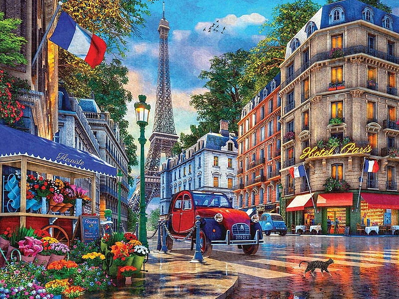 Paris Street Life, eiffel tower, houses, car, artwork, digital, flowers, HD wallpaper