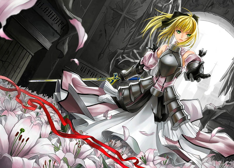 Saber Lily, saber, green eyes, cherry blossom, fate stay night, hot, anime girl, sword, female, blonde hair, sexy, armor, cool, flower, hair bow, petals, pony tail, HD wallpaper