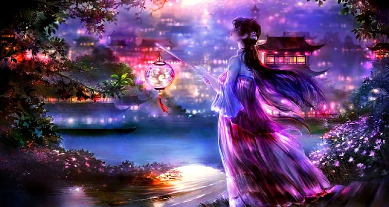 Beauty by Night, digital, art, fantasy, city, view, girl, geisha, night, beautiful, lamamake, HD wallpaper