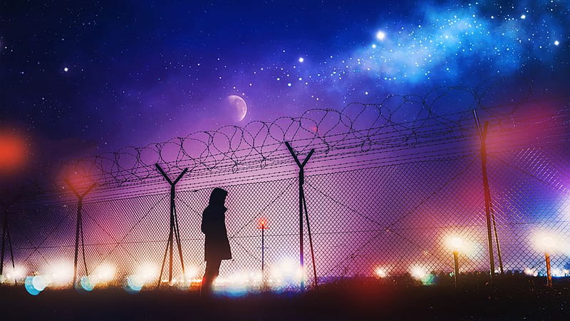 Boundaries, stars, night sky, moon, person, pink, lights, blue, night, HD wallpaper