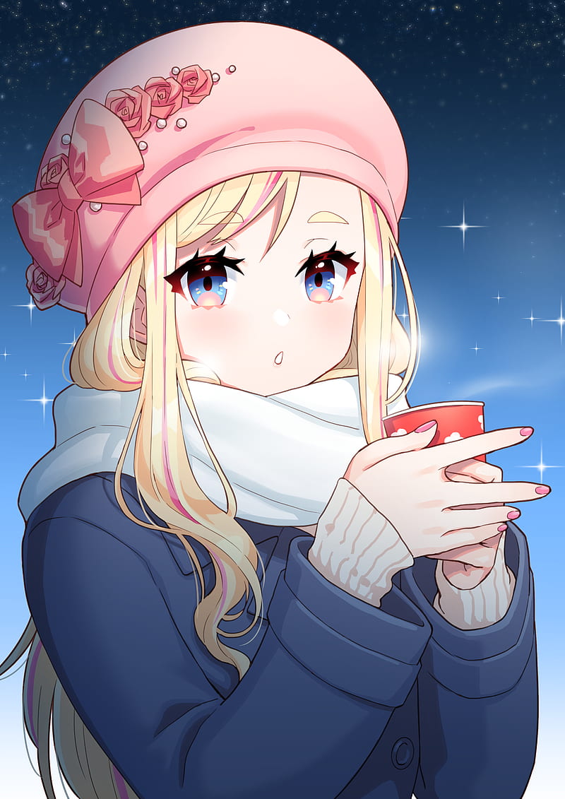 Girl, hat, coffee, cup, winter, anime, HD phone wallpaper | Peakpx