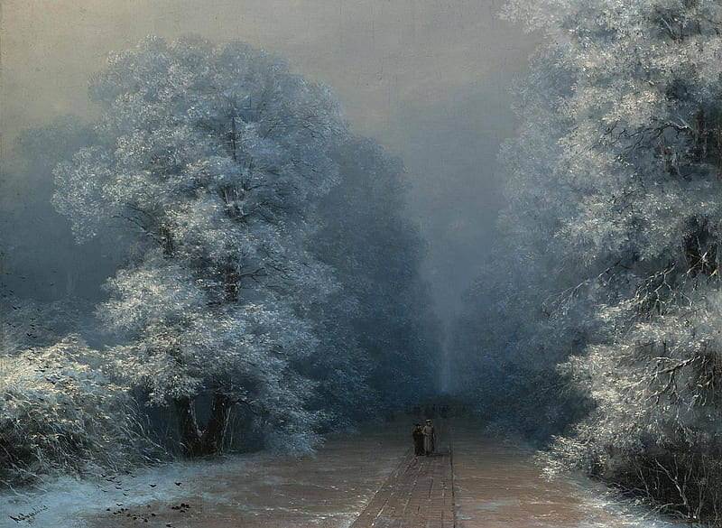Winter landscape, picutra, painting, iarna, ivan aivazovsky, winterm, winter, landscape, art, tree, white, HD wallpaper