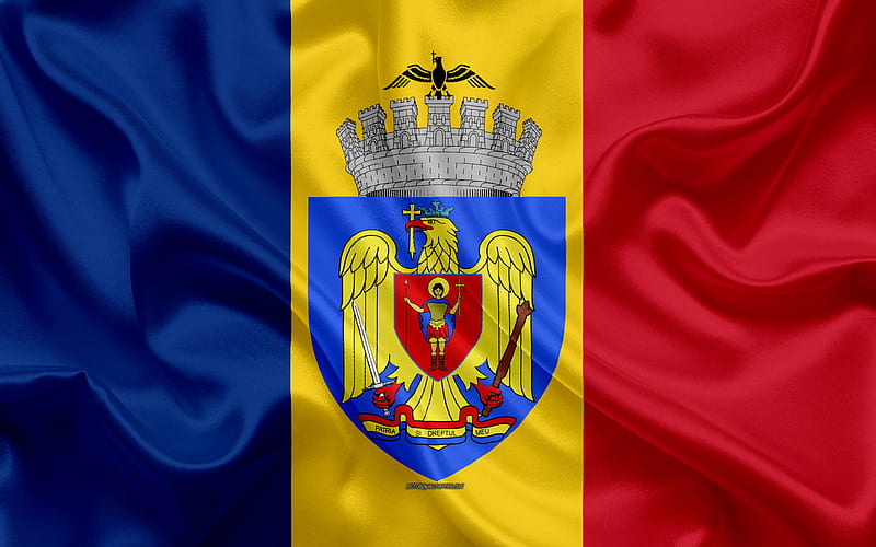 Flag of Bucharest silk texture, Romania, coat of arms, Bucharest, capital of Romania, national symbols, Bucharest Flag, HD wallpaper