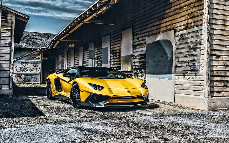 Lamborghini Aventador supercars, 2018 cars, abandoned house, R, yellow Aventador, italian cars, Lamborghini, HD wallpaper