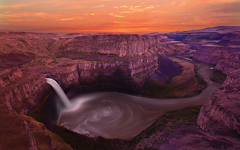 Palouse Falls, desert, sunset, canyon, cliffs, Washington, USA, America, HD wallpaper
