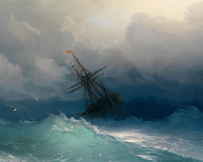 Painted Windy Ocean, paint, sea, ship, HD wallpaper
