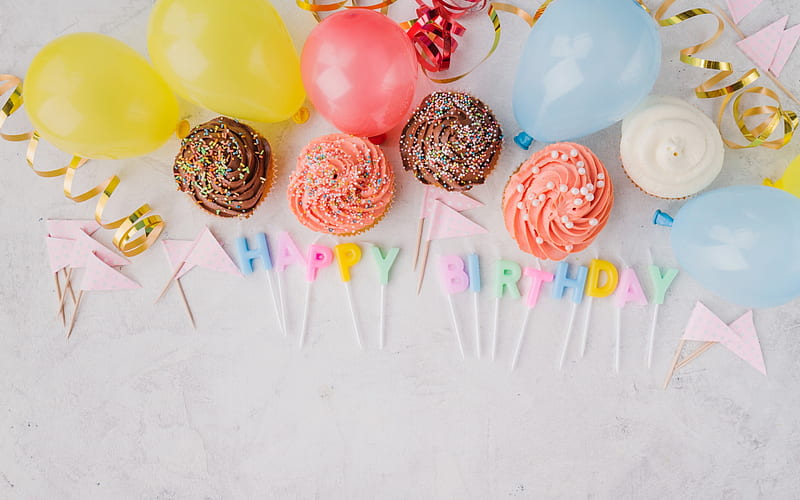 Happy Birtay, muffins, cakes, candies, balloons, Birtay concepts, HD wallpaper