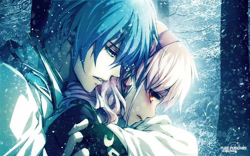 Aishiteru, hug, wand of fortune, snow, blush, love, couple, winter, HD wallpaper