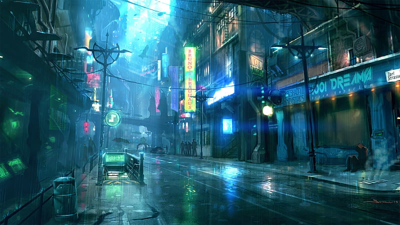 futuristic city, road, urban, dark, night, neon lights, Sci-fi, HD wallpaper