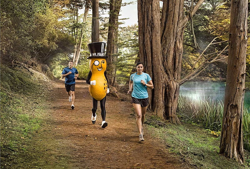 Jogging for all, man, park, woman, tree, peanut, people, jogging, running, funny, dan escobar, HD wallpaper