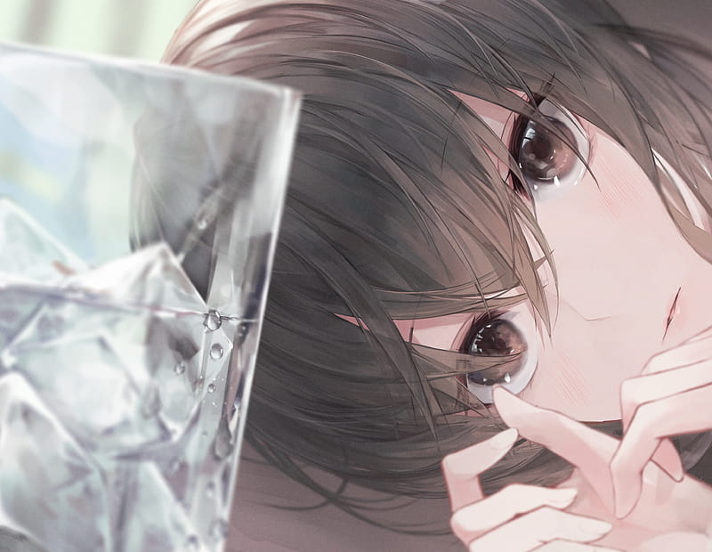 Anime Girl Resting Glass Ice Cubes Brown Hair Gloomy Anime Hd Wallpaper Peakpx