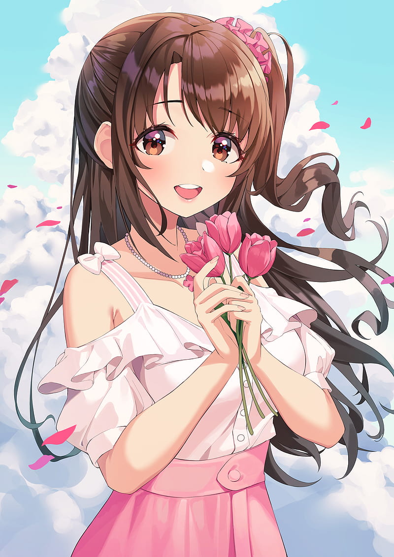 anime, anime girls, digital art, artwork, 2D, portrait display, vertical, Munseonghwa, Shimamura Uzuki, brunette, brown eyes, flowers, HD phone wallpaper