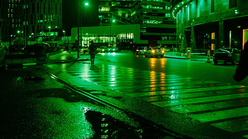 Green Lights Road Buildings Vehicles During Nighttime Green Aesthetic, HD wallpaper