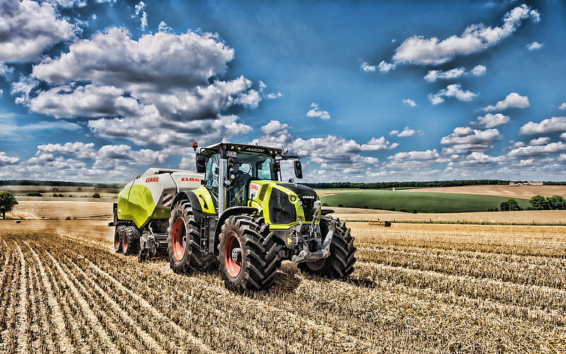 Claas Axion 870, R, harvesting hay, 2019 tractors, agricultural machinery, tractor in field, agriculture, harvest, Claas, HD wallpaper