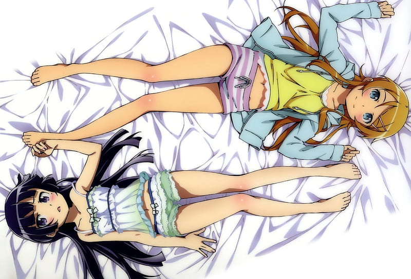 ~Slumber Party~, cute, anime, shorts, sheets, girls, pjs, bed, HD wallpaper