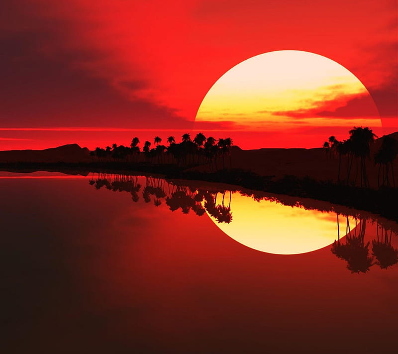 Red-sunset, red, sun, water, HD wallpaper