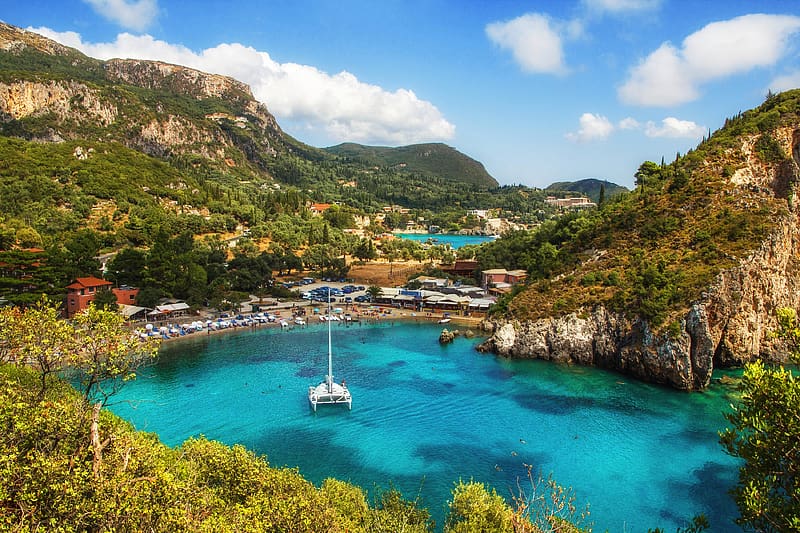 Beach, Boat, Greece, , Corfu, HD wallpaper